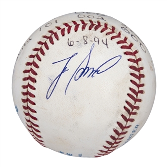 1994 Lee Smith Game Used/Signed Career Save #424 Baseball Used on 06/08/94 (Smith LOA)
